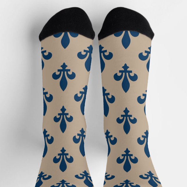 Calcetines Patrón Fleur de Lis, azul francés real en crema (Arriba)