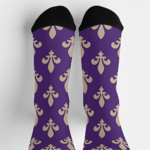 Calcetines Patrón Fleur de Lis, crema francesa real en morado