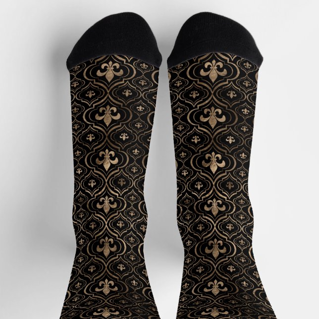 Calcetines Patrón Fleur-de-lis de lujo negro y oro (Arriba)