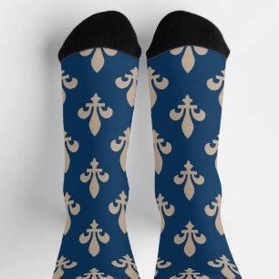 Calcetines Patrón Fleur de Lis, francés real, crema en azul