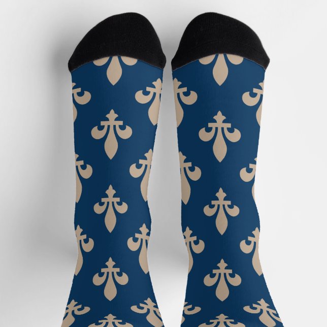 Calcetines Patrón Fleur de Lis, francés real, crema en azul (Arriba)