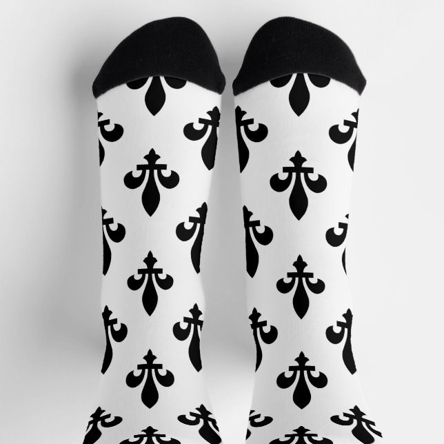Calcetines Patrón Fleur de Lis, francés real, negro sobre bla (Arriba)