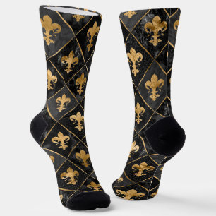 Calcetines Patrón Fleur-de-lis Mármol Negro y Oro