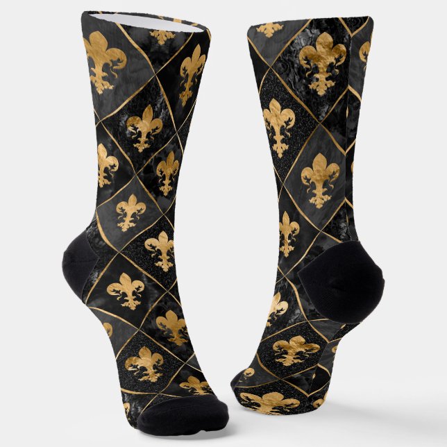 Calcetines Patrón Fleur-de-lis Mármol Negro y Oro (Angular)