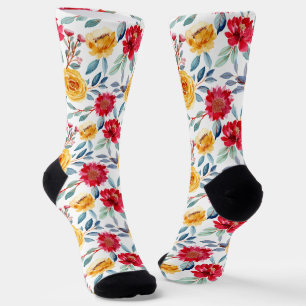 Calcetines Patrón floral alegre de acuarela en rosa amarilla
