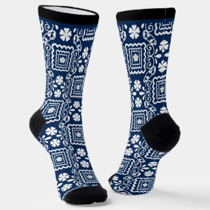 Calcetines patrón floral azul blanco retro sesenta