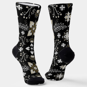 Calcetines Patrón floral blanco y negro ornamentado