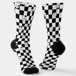 Calcetines Patrón floral de cuadros en blanco y negro