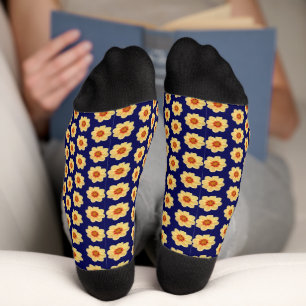 Calcetines Patrón floral de Dahlia amarillo en azul