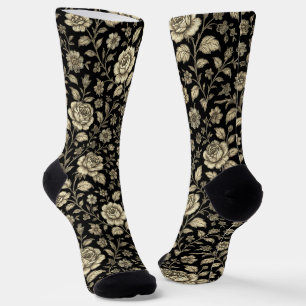 Calcetines Patrón floral de rosa dorada vintage sobre negro