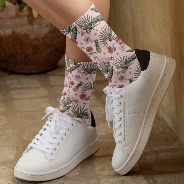 Calcetines Patrón floral Flamingo tropical rosa (Pretty Hawaiian Style Tropical Flamingo Floral Pattern Pink Socks, Hand-Drawn in Black Ink. )