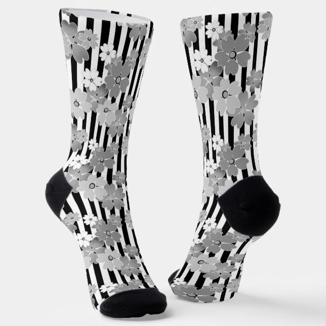 Calcetines Patrón floral rayado retro negro y blanco (Angular)