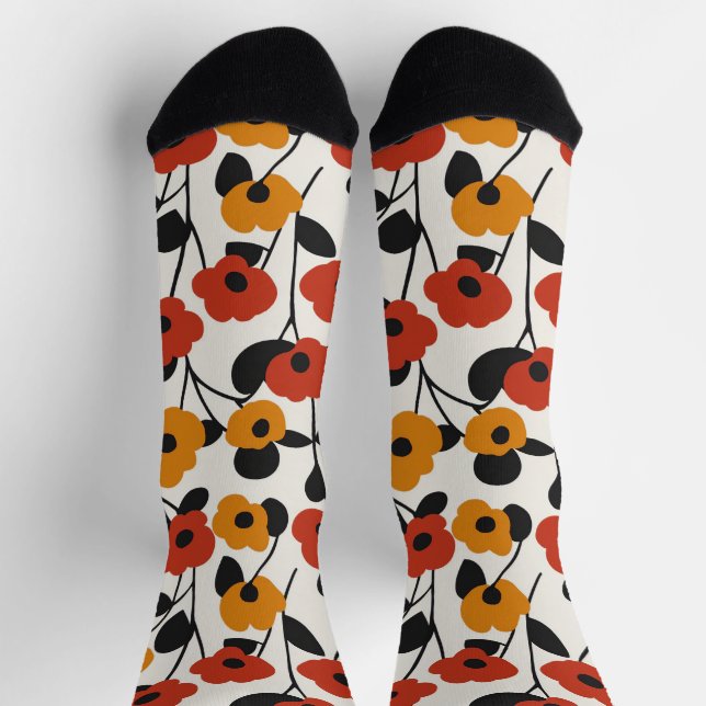 Calcetines Patrón floral retro negrita rojo, Naranja y negro (Arriba)
