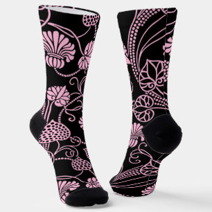 Calcetines Patrón floral retro rosa sobre negro