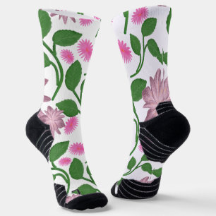Calcetines Patrón floral rosa con hojas verdes