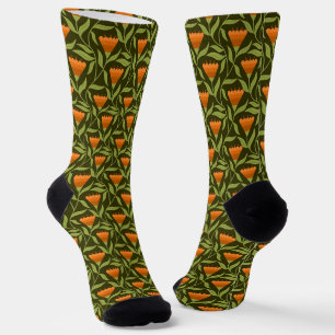Calcetines Patrón floral vintage con tulipanes naranjas 