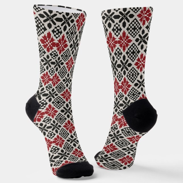 Calcetines Patrón folclórico geométrico keffiyeh blanco rojo (Angular)