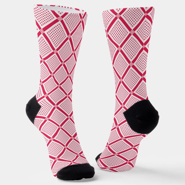 Calcetines Patrón geométrico a cuadros retro en rojo y blanco (Angular)