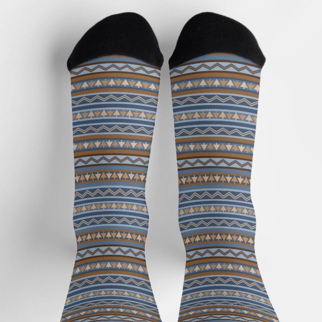 Calcetines Patrón geométrico azul y marrón de estilo suroeste (Arriba)