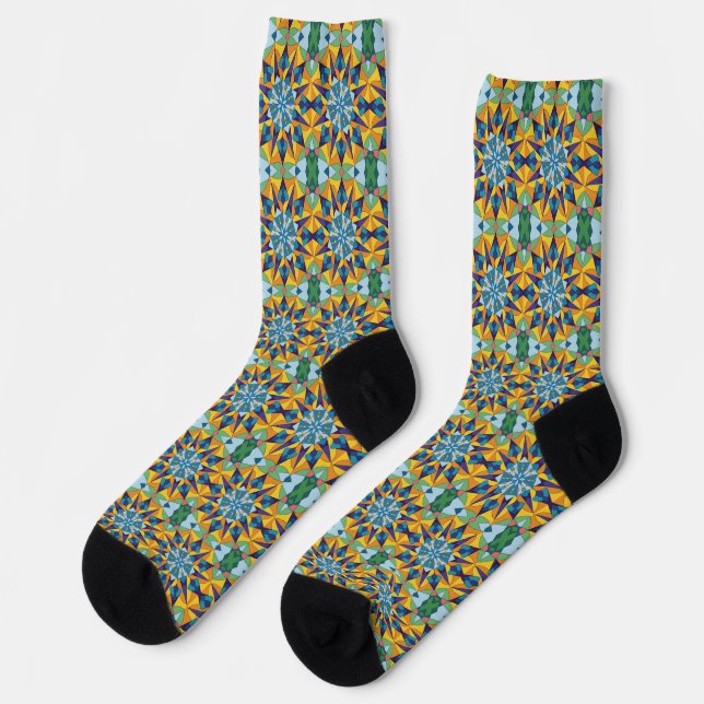 Calcetines Patrón geométrico fractal azul y amarillo (Izquierda)