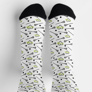 Calcetines Patrón Lime Green Lacrosse Sticks and Hearts