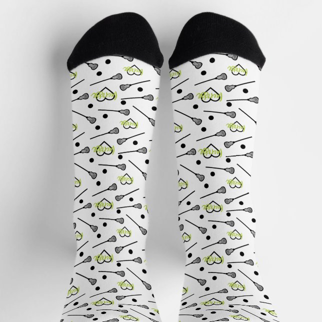 Calcetines Patrón Lime Green Lacrosse Sticks and Hearts (Arriba)