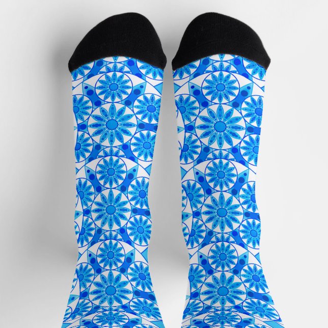 Calcetines Patrón Mandala, azul cobalto, turquesa y blanco (Arriba)