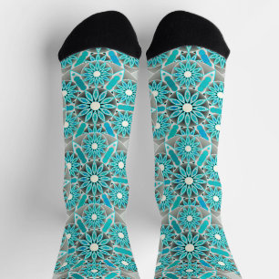 Calcetines Patrón Mandala, turquesa, gris plateado y blanco