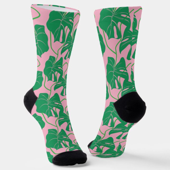 Calcetines Patrón monstera en rosa y verde (Angular)