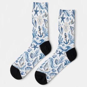 Calcetines Patrón náutico costero azul y blanco
