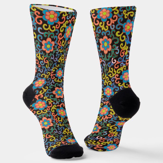 Calcetines Patrón negro chic con flores coloridas (Angular)