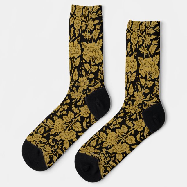 Calcetines Patrón negro de flores de oro antiguo indio lacado (Izquierda)