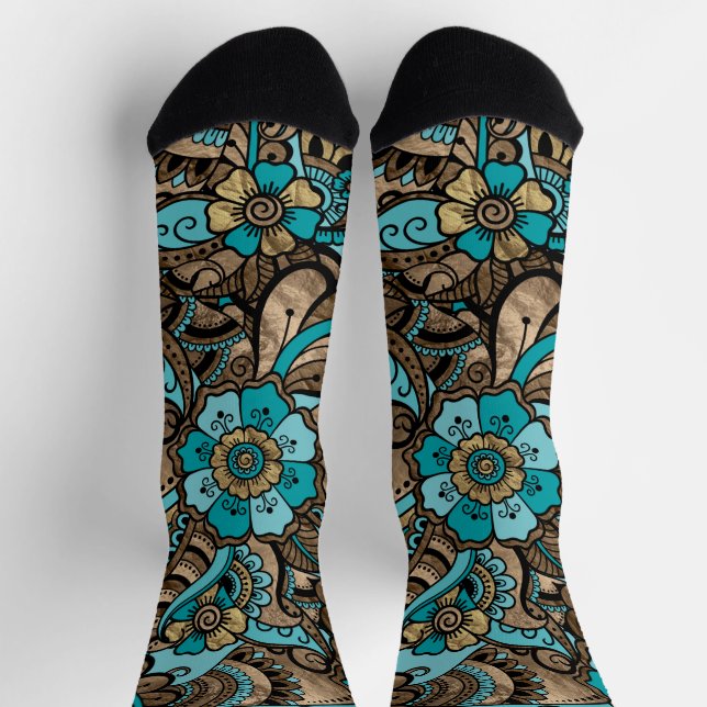 Calcetines Patrón Paisley floral - verde azulado y dorado (Arriba)