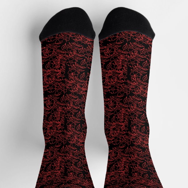 Calcetines Patrón rojo floral sobre negro (Arriba)