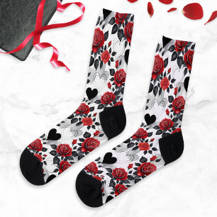 Calcetines Patrón Romántico de Rosas Rojas y Corazones Negros