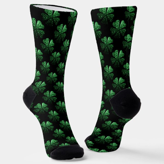 Calcetines Patrón Shamrock oscuro verde brillante sobre negro (Angular)