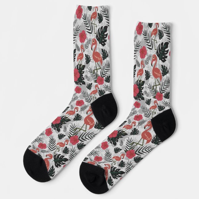 Calcetines Patrón sin fisuras Flamingo con fondo floral w (Izquierda)
