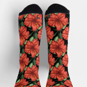 Calcetines Patrón sin foco Flores rojas tropicales hojas verd