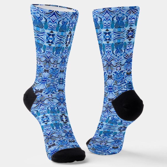 Calcetines Patrón tribal de batik en azul índigo y blanco (Angular)