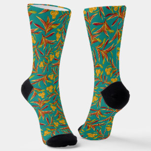 Calcetines Patrón tropical con hojas rojas y amarillas