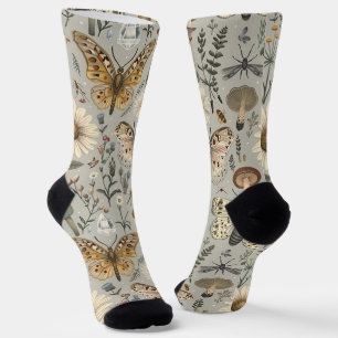 Calcetines Patrón vintage de flores, hongos y mariposas