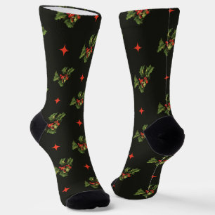 Calcetines Patrón Vintage de Hojas de Acebo y Estrellas de Na