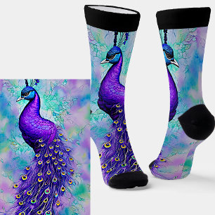 Calcetines Pavo Real Morado Caprichoso con Plumas de Cola