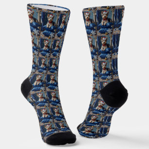 Calcetines Perro Biewer Terrier Elegante Terciopelo Navidad