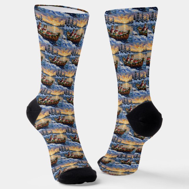 Calcetines Perro de pastor de Shetland Navidad Barco Fiesta (Angular)