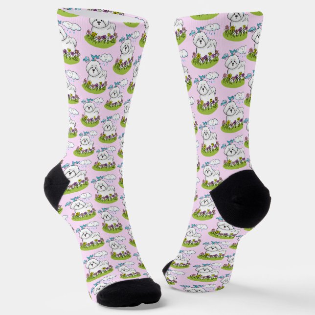 Calcetines Perro frito de Bichon primavera con flores - lindo (Angular)