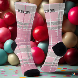 Calcetines Personalizadas de Cuadros de Tartán Rosa y Gris a 