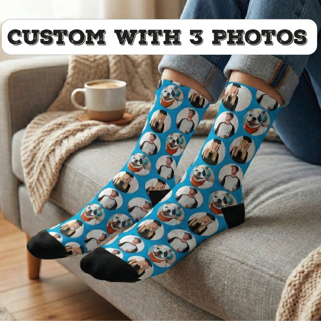 Calcetines Personalizado 3 Fotos Patrón azul (Subido por el creador)