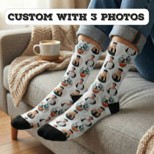 Calcetines Personalizado 3 Fotos Patrón blanco