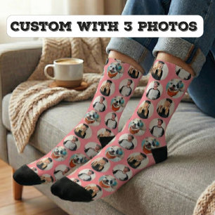 Calcetines Personalizado 3 Fotos Patrón Rosa